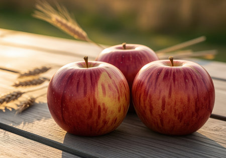 Ripe red and yellow apples displayed on a rustic wooden table with wheat stalks. close up shot under warm golden hour light, representing healthy eating and autumn harvest.の素材