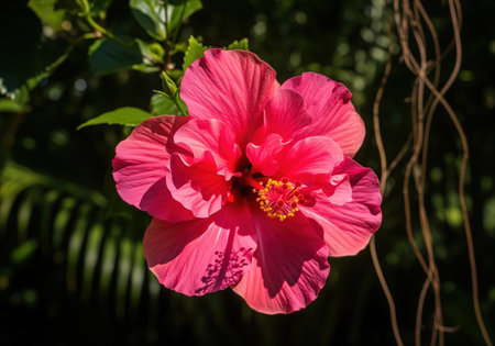 Vibrant pink hibiscus flower blooming outdoors, captured in close up detail under bright sunlight. features lush magenta petals and yellow stamen against a dark tropical foliage background, symbolizing beauty and summer.の素材