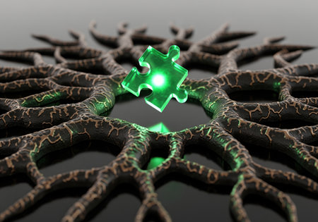 Radiant emerald green puzzle piece floating above an intricate, dark, root like network structure. symbolizes solution, connection, foundation, mystery, and complex systems.の素材