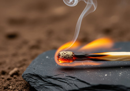 Burning wooden matchstick lying horizontally on a piece of dark slate, showing bright orange flame, white smoke, and charred wood. macro detail emphasizes heat and ignition.の素材