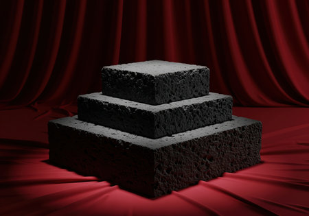 Tiered black volcanic rock pedestal display stand set against luxurious, draped red velvet fabric, creating a dramatic, high contrast stage for product presentation.の素材