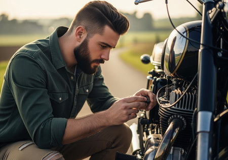 Young bearded man in a green shirt crouches, focused on repairing the chrome engine of a classic motorcycle on the side of an empty country road at sunset.の素材