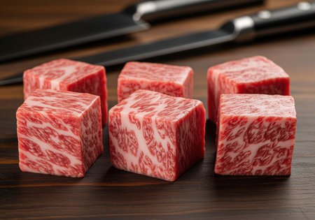 Six raw, perfectly cubed pieces of premium wagyu beef, showcasing intense white marbling against the deep red meat, resting on a dark wood surface with knives in the background.の素材