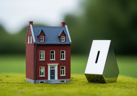 Miniature red brick townhouse model with a dark roof standing beside a sleek, triangular silver piggy bank on green moss. symbolizing saving for real estate, mortgage, and future home ownership goals.の素材