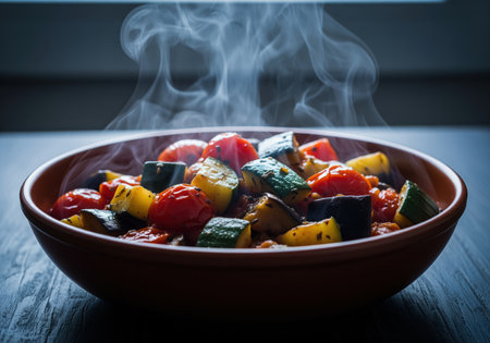 Steaming hot ratatouille vegetable stew served in a rustic terracotta bowl on a dark wooden surface. features chunks of zucchini, tomato, and eggplant, highlighting fresh, healthy, and delicious mediterranean cuisine.の素材