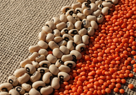 Black eyed peas and red lentils arranged diagonally on a textured, rough woven burlap surface. high angle close up shot emphasizing texture, nutrition, vegan food, and healthy eating concepts.の素材