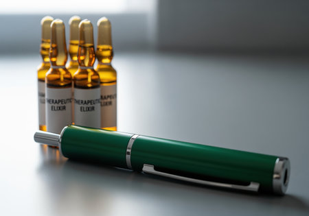 Green reusable auto injector pen lying diagonally on a sterile surface, with several amber glass ampoules containing therapeutic liquid medicine standing upright behind it.の素材