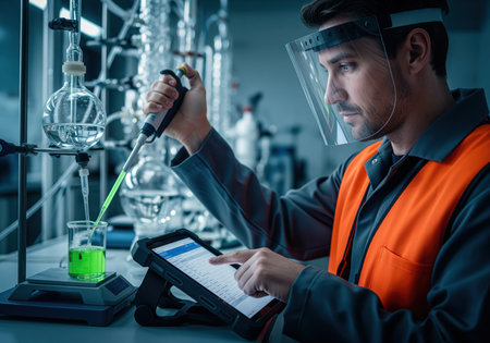 Chemist wearing an orange safety vest and face shield conducting chemical analysis in a modern laboratory. he uses a pipette to transfer green liquid while inputting data on a digital tablet.の素材