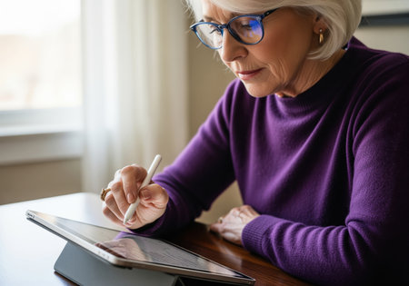 Focused senior woman with white hair and glasses using a stylus pen to interact with a digital tablet screen on a wooden table. representing modern technology adoption, e signature, and digital learning for the elderly.の素材
