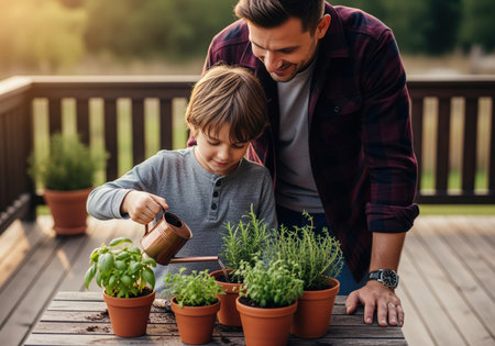 Father and son bonding outdoors, watering fresh basil and thyme herbs in terracotta pots on a rustic wooden deck during warm golden hour light. showing family gardening activity.の素材