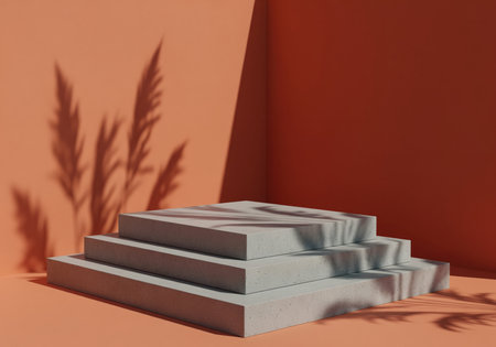Concrete three tiered geometric pedestal display stage illuminated by sunlight, casting natural pampas grass shadows on a warm terracotta and orange background. perfect for product presentation or mockup.の素材