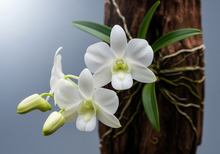 Pure white dendrobium orchid flowers and green buds bloom, attached to a piece of dark wooden bark with visible aerial roots. studio shot against a soft gray background.の素材