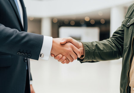 Close up of a firm handshake between two men, one in a suit and one in a jacket, symbolizing agreement, partnership, trust, and successful negotiation.の素材