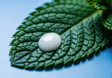 Glossy white drop of cream or essence resting on the textured surface of a fresh, dark green mint leaf, set against a smooth blue background. represents natural skincare and freshness.の素材