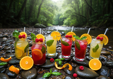 Six vibrant summer mocktails, featuring citrus and berry flavors, garnished with orange slices, raspberries, and basil, resting on dark, wet river stones in a lush green forest.の素材