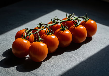 Ripe, vibrant orange vine tomatoes clustered on a dark stem, dramatically lit by strong sunlight creating deep shadows on a gray stone surface. fresh, healthy produce.の素材