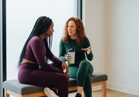 Diverse women wearing athletic leggings and tops sitting on a bench, discussing fitness and healthy lifestyle goals. one woman gestures while holding a shaker bottle.の素材