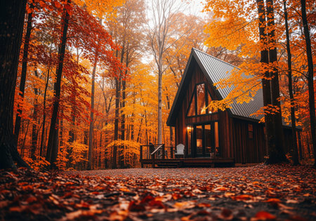 Modern wooden a frame cabin with large windows and a deck, surrounded by dense forest trees displaying brilliant orange and red autumn colors. fallen leaves cover the ground, creating a cozy wilderness retreat scene.の素材