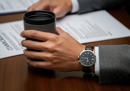 Businessman hand in a suit jacket holding a matte insulated travel mug while wearing a classic analog wristwatch over important documents on a wooden desk. professionalism and corporate lifestyle concept.の素材