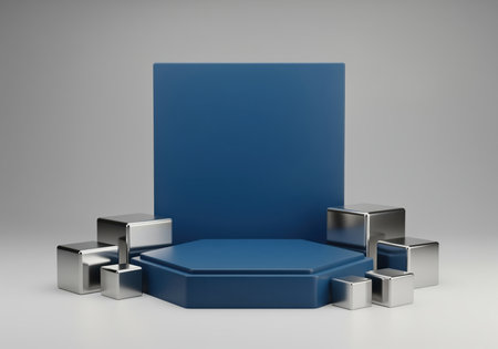 Blue hexagonal podium centered against a matching blue backdrop, flanked by reflective silver cubic blocks. ideal for product presentation, mockup, or abstract geometric background.の素材