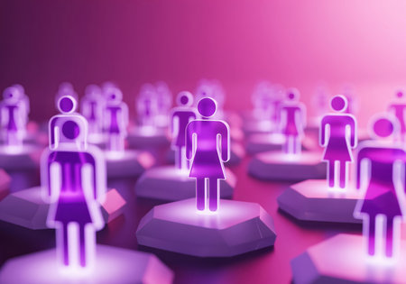 Glowing purple female pictogram icons standing on illuminated hexagonal platforms, symbolizing a digital network, community, or demographic group. abstract 3D illustration.の素材