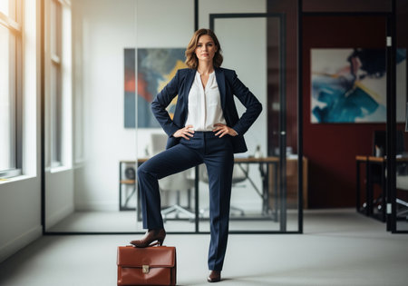 Confident businesswoman wearing a navy pantsuit and white blouse stands assertively in a modern corporate office, resting her foot on a leather briefcase. symbolizes power, success, and ambition.の素材