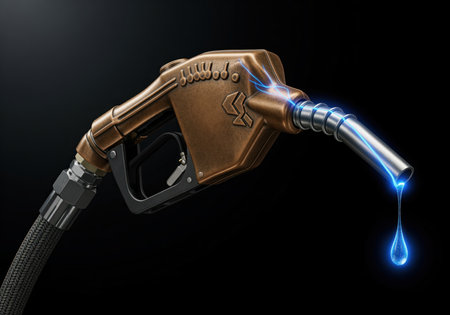 Futuristic bronze gas pump nozzle dripping a glowing, iridescent blue liquid drop, symbolizing electric power, alternative energy, and high tech fuel concepts against a dark background.の素材