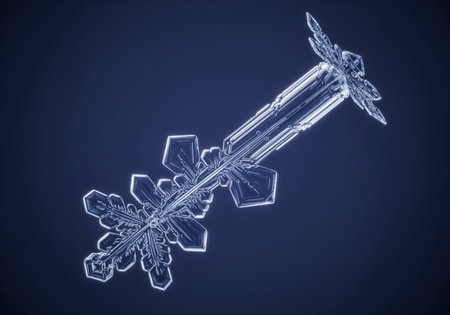 Rare elongated columnar snowflake crystal structure captured in extreme macro detail against a deep indigo background. highlights winter, cold, science, and unique natural geometry.の素材