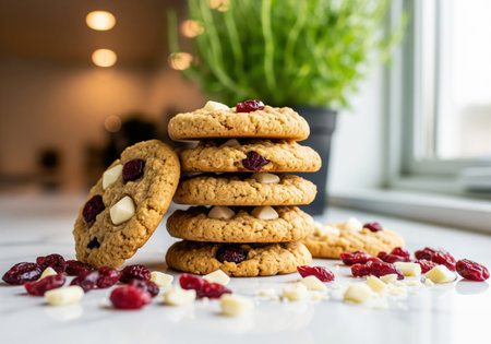 Freshly baked stack of oatmeal cookies with dried cranberry and white chocolate chunks scattered on a marble surface. homemade dessert concept.の素材