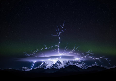 Massive electrical lightning storm erupting over a dark, snow capped mountain range at night. dramatic natural phenomenon under a starry sky with faint aurora borealis.の素材