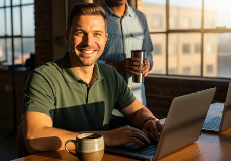 Smiling man wearing a polo shirt working on a laptop at a wooden desk in a modern office. warm sunlight streams through the large window, highlighting productivity and success.の素材