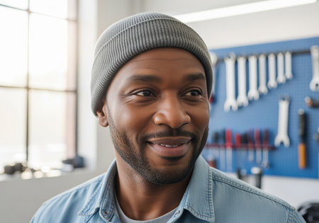 Smiling african american mechanic wearing a gray knit beanie and denim shirt, looking away in a professional workshop setting. tools hang on the blue pegboard wall, symbolizing skill and craftsmanship.の素材