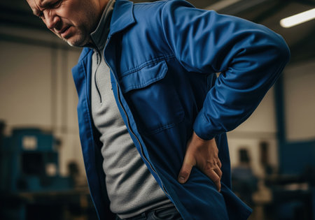 Industrial worker in a blue uniform clutching his lower back, suffering from acute pain and muscular strain due to physical labor in a factory.の素材