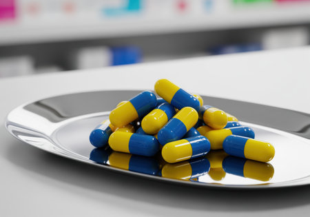 Blue and yellow pharmaceutical capsules piled on a polished, reflective metal counting tray, suggesting medicine, healthcare, and prescription treatment in a clinical setting.の素材