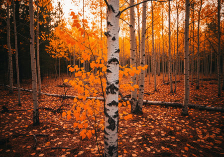 Dense birch forest bathed in warm golden hour light during autumn. white tree trunks contrast with vibrant orange and yellow foliage and fallen leaves covering the ground.の素材