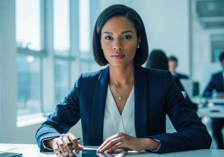Focused african american businesswoman executive sitting at a desk in a modern, bright corporate office environment. she wears a navy suit and looks directly at the camera, symbolizing leadership and professionalism.の素材
