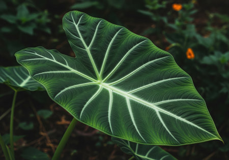 Broad elephant ear plant leaf alocasia displaying deep emerald green color and striking silvery white veining. detailed botany close up shot capturing tropical nature and lush foliage texture.の素材