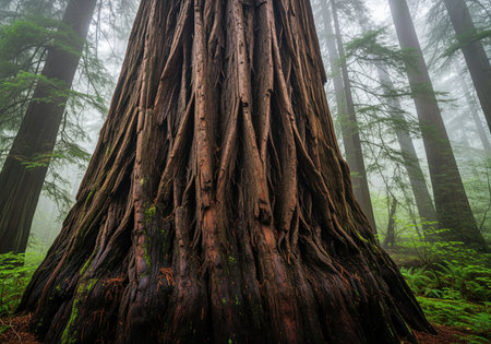Majestic ancient redwood tree trunk with deeply furrowed, dark brown bark dominates the frame in a dense, misty old growth forest. lush green ferns cover the damp forest floor.の素材