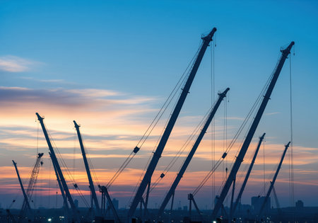 Silhouette of numerous large industrial construction cranes standing tall against a vibrant twilight sky during sunset, symbolizing development and heavy industry.の素材