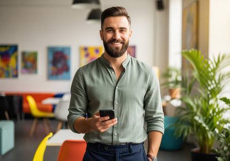Bearded businessman smiling confidently while holding a smartphone in a bright, modern office environment featuring colorful artwork and plants.の素材