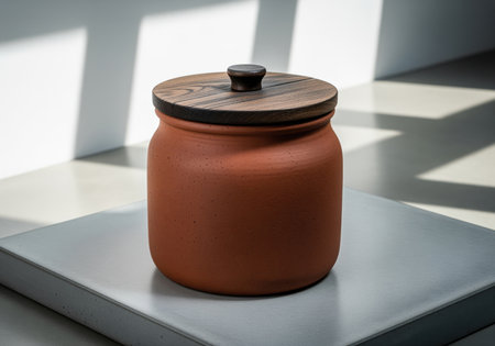 Terracotta ceramic storage jar with a textured surface and a dark wooden lid, sitting on a gray square platform. studio shot with strong geometric shadows.の素材