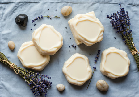 Creamy, irregularly shaped artisanal soap bars displayed with dried lavender bouquets and smooth spa stones on a light blue textile background. perfect for wellness and beauty concepts.の素材