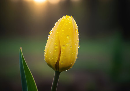 Vibrant yellow tulip bud, still closed, covered in fresh water droplets. macro shot highlighting the texture and dew against a dark, blurred background with bright morning sunlight flare.の素材