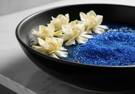 White gardenia flowers floating on water alongside vibrant deep blue bath salts in a sleek black ceramic bowl, symbolizing luxury, relaxation, and spa wellness.の素材