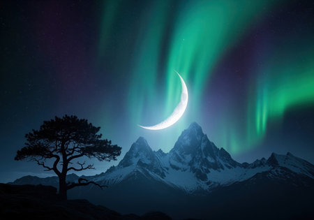 Vibrant green and purple aurora borealis lights up the night sky above jagged, snow capped mountains. a bright crescent moon hangs centrally, beside a solitary silhouetted tree, creating a mystical alpine landscape.の素材