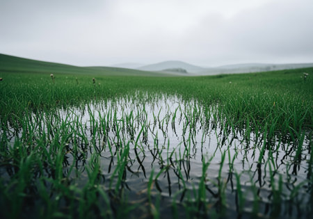 Verdant green grass blades standing in a large, shimmering puddle formed after spring rain, reflecting the overcast sky and distant rolling hills. focus on freshness and natural environment.の素材