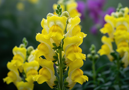 Vibrant yellow snapdragon flowers antirrhinum majus blooming in a garden setting. the tall flower spikes are covered in tiny dew drops, highlighting the fresh texture and bright color against a dark, blurred green background. symbolizes summer, growth, and beauty.の素材