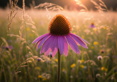 Purple coneflower echinacea standing tall in a wild meadow, illuminated by warm golden hour sunlight. focus on nature, tranquility, and herbal medicine concepts.の素材