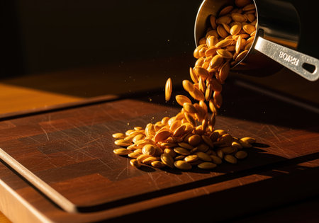 Roasted pumpkin seeds pepitas cascading from a metal measuring cup onto a dark, scratched wooden cutting board. dramatic lighting highlights the golden color and texture. focus on cooking, healthy snack, and autumn harvest preparation.の素材