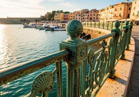 Aged verdigris patina copper railing featuring intricate shell motifs along a sunny waterfront promenade. boats are moored in the mediterranean harbor with colorful coastal buildings visible in the background during golden hour.の素材